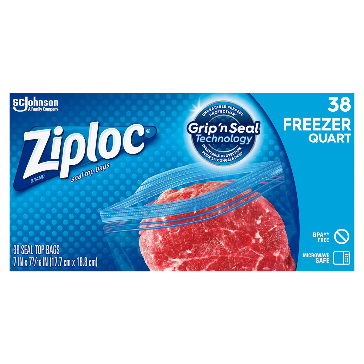 Ziploc Freezer Bags, Seal Top, Quart 38 Ea