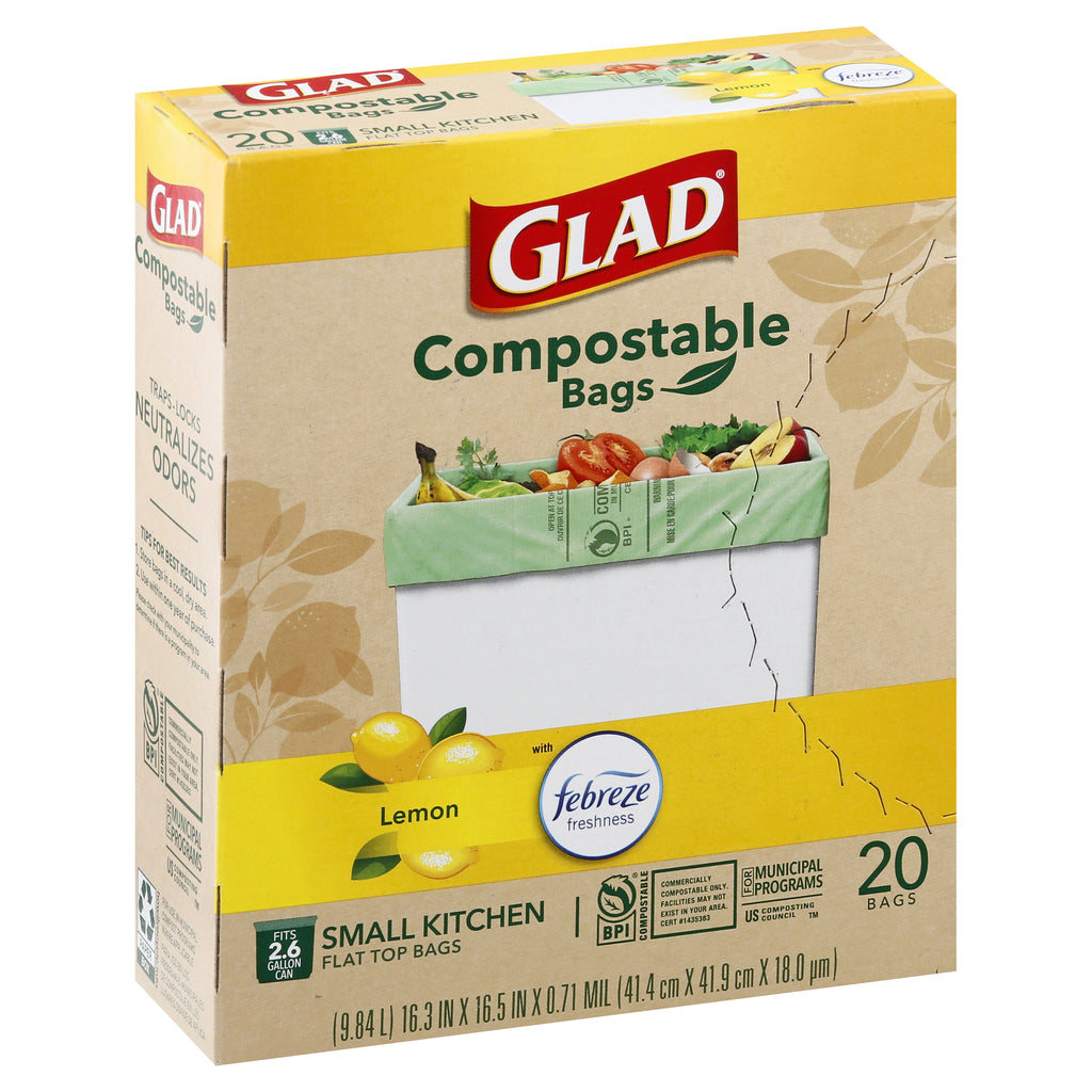 Glad Compost Small Kitchen 2.6 Gallon Trash Bags, Lemon Scent with Febreze,  20 Bags 